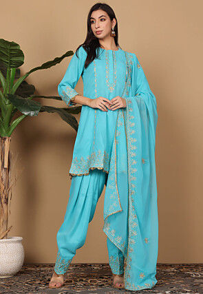 Embroidered Georgette Punjabi Suit in Blue
