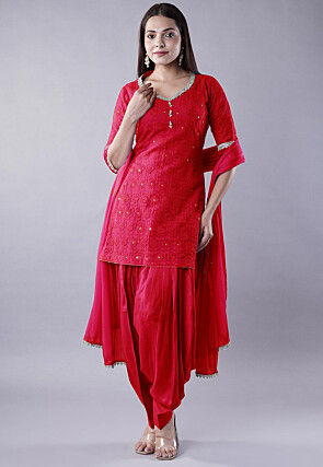 Embroidered Georgette Punjabi Suit in Coral Red