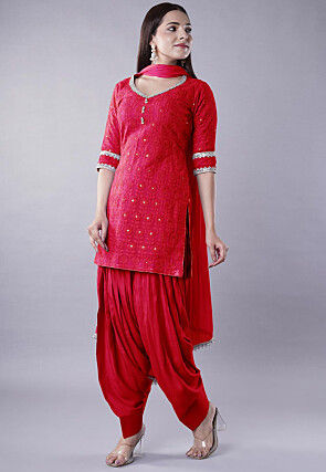 Embroidered Georgette Punjabi Suit in Coral Red