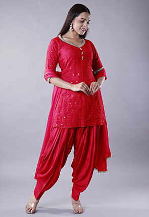 Embroidered Georgette Punjabi Suit in Coral Red