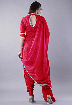 Embroidered Georgette Punjabi Suit in Coral Red
