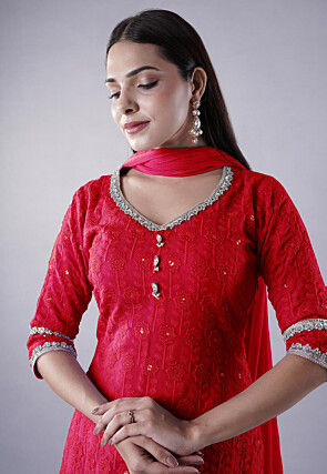 Embroidered Georgette Punjabi Suit in Coral Red