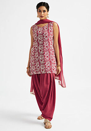 Embroidered Georgette Punjabi Suit in Dark Old Rose