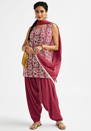 Embroidered Georgette Punjabi Suit in Dark Old Rose