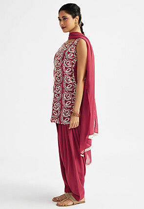 Embroidered Georgette Punjabi Suit in Dark Old Rose