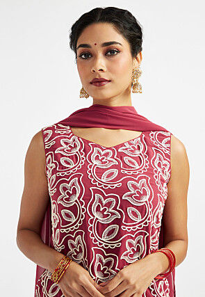 Embroidered Georgette Punjabi Suit in Dark Old Rose