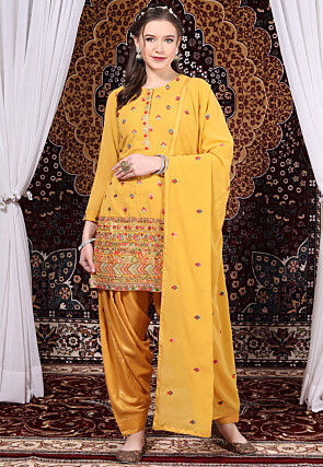 Embroidered Georgette Punjabi Suit in Mustard