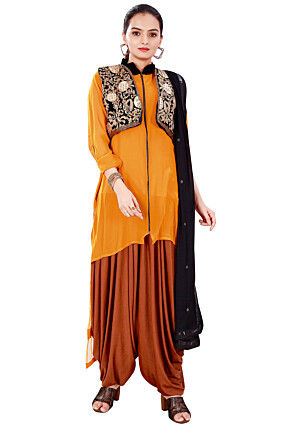 Embroidered Georgette Punjabi Suit in Mustard