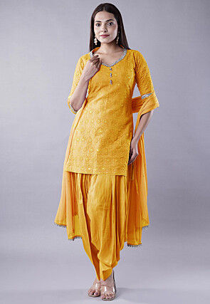 Embroidered Georgette Punjabi Suit in Mustard