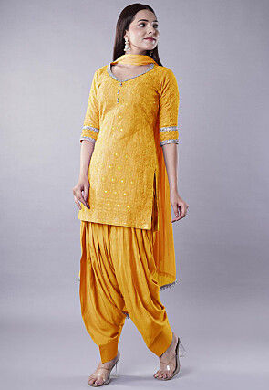 Embroidered Georgette Punjabi Suit in Mustard