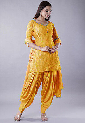 Embroidered Georgette Punjabi Suit in Mustard