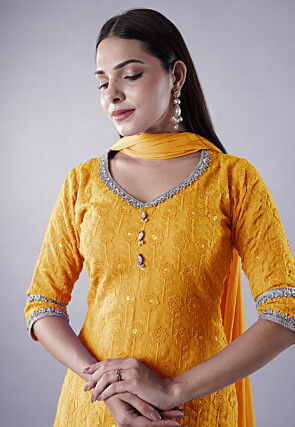 Embroidered Georgette Punjabi Suit in Mustard