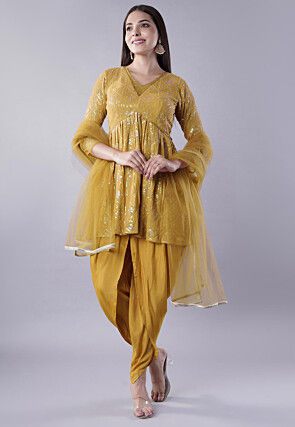Embroidered Georgette Punjabi Suit in Mustard
