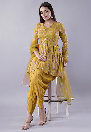 Embroidered Georgette Punjabi Suit in Mustard