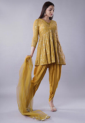 Embroidered Georgette Punjabi Suit in Mustard