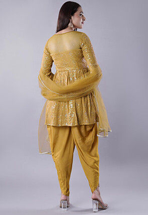 Embroidered Georgette Punjabi Suit in Mustard