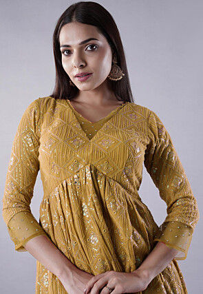 Embroidered Georgette Punjabi Suit in Mustard