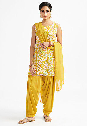 Embroidered Georgette Punjabi Suit in Mustard