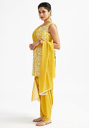 Embroidered Georgette Punjabi Suit in Mustard