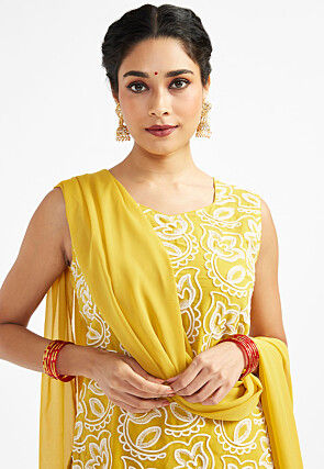 Embroidered Georgette Punjabi Suit in Mustard