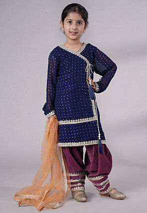 Embroidered Georgette Punjabi Suit in Navy Blue