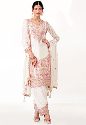 Embroidered Georgette Punjabi Suit in Off White