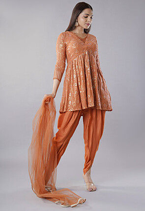 Embroidered Georgette Punjabi Suit in Orange