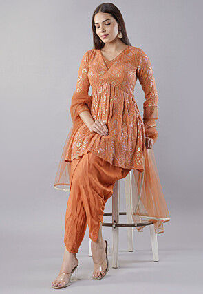 Embroidered Georgette Punjabi Suit in Orange