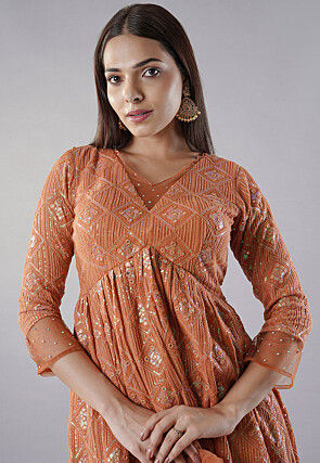 Embroidered Georgette Punjabi Suit in Orange