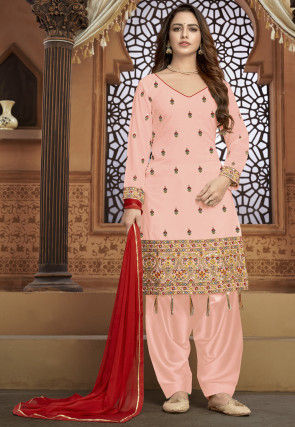 Embroidered Georgette Punjabi Suit in Peach