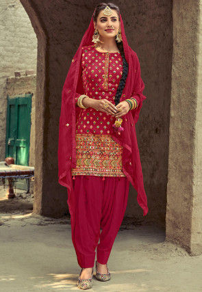 Embroidered Georgette Punjabi Suit in Fuchsia
