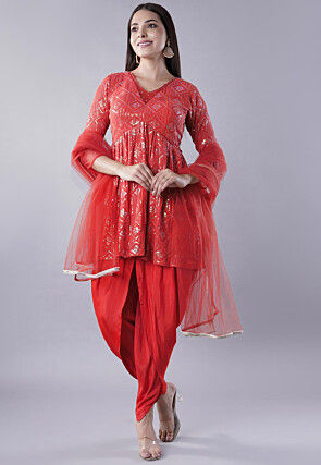 Embroidered Georgette Punjabi Suit in Red