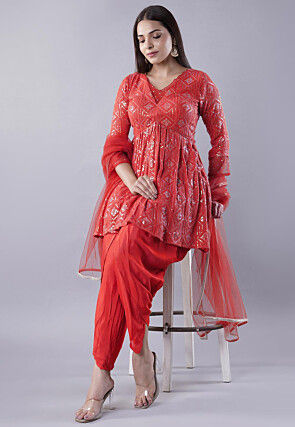 Embroidered Georgette Punjabi Suit in Red