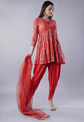 Embroidered Georgette Punjabi Suit in Red