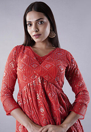 Embroidered Georgette Punjabi Suit in Red