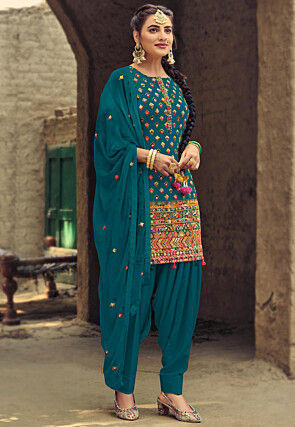 Embroidered Georgette Punjabi Suit in Teal Blue