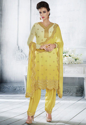 Embroidered Georgette Punjabi Suit in Yellow Ombre