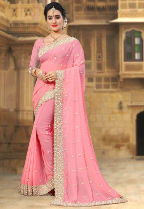 Baby Pink Colored Georgette Saree With Full Sequince Work and Plain  Banglori Cotton Blouse Piece