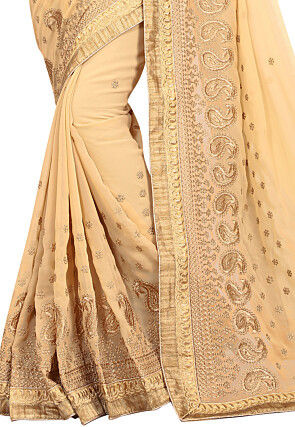 Embroidered Georgette Saree in Beige