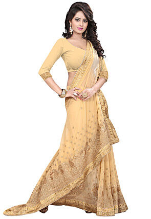 Embroidered Georgette Saree in Beige
