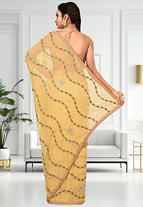 Embroidered Georgette Saree in Beige