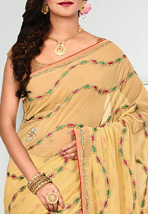 Embroidered Georgette Saree in Beige