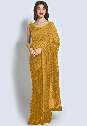 Embroidered Georgette Saree in Beige