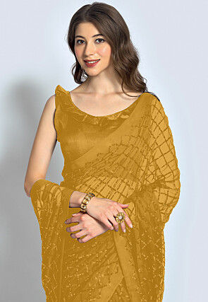 Embroidered Georgette Saree in Beige