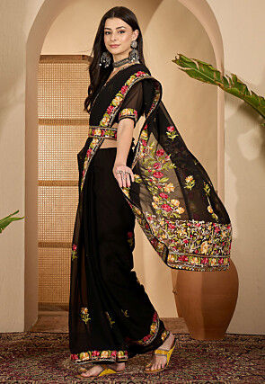Embroidered Georgette Saree in Black