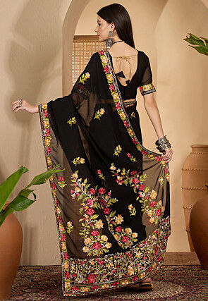 Embroidered Georgette Saree in Black