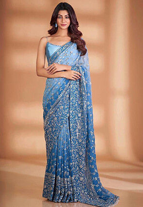 Embroidered Georgette Saree in Blue Ombre