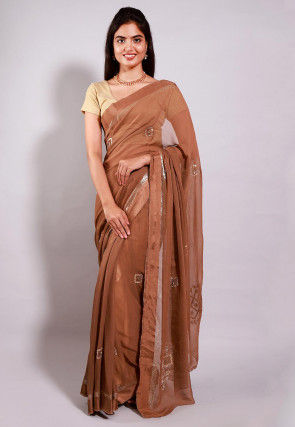 Embroidered Georgette Saree in Brown