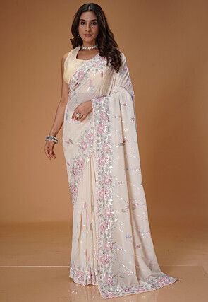 Embroidered Georgette Saree in Cream