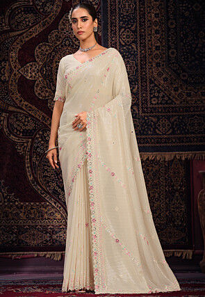 Embroidered Georgette Saree in Cream